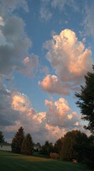 Fototapeta premium Sky filled with fluffy, sunset-lit clouds, towering over a grassy field and trees. The clouds are tinged with orange and pink in the twilight