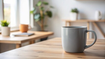 Obraz premium A light grey ceramic mug sits on a light wood table in a minimalist home setting