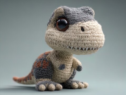 charming amigurumi t-rex 3d poster: perfect for sports interiors, showcasing handcrafted crochet detail with cute chibi features against volcanic ash gray background