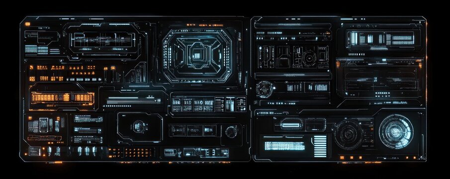 Futuristic digital control panel with glowing blue and orange interface elements and complex circuitry design on a dark background