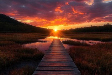 Naklejka premium Wooden boardwalk leading through marsh grass toward a vibrant sunset with dramatic orange and purple clouds over forested hills