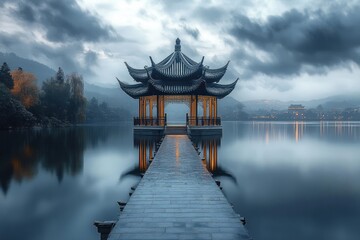 Fototapeta premium Traditional Chinese pavilion on serene lake with misty mountains and dramatic cloudy sky reflecting in calm water, creating tranquil and mystical atmosphere