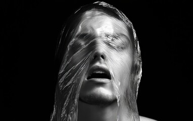 Close-up of a person with eyes closed and mouth slightly open, face covered tightly with transparent plastic film, conveying distress and suffocation