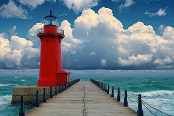 Bright red lighthouse standing at the end of a wooden pier under a partly cloudy blue sky with choppy sea waves around the structure