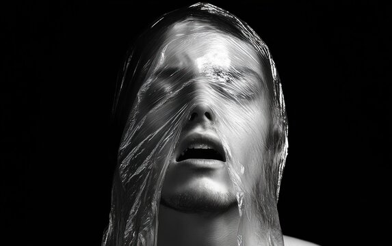 Close-up of a person with eyes closed and mouth slightly open, face covered tightly with transparent plastic film, conveying distress and suffocation