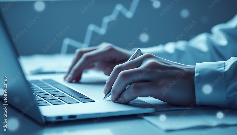 Poster close up of hands typing on a laptop and writing on paper with a graph overlay image photo
