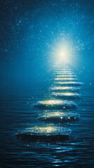 Obraz premium Glowing path of floating footsteps ascending toward a radiant health summit. 