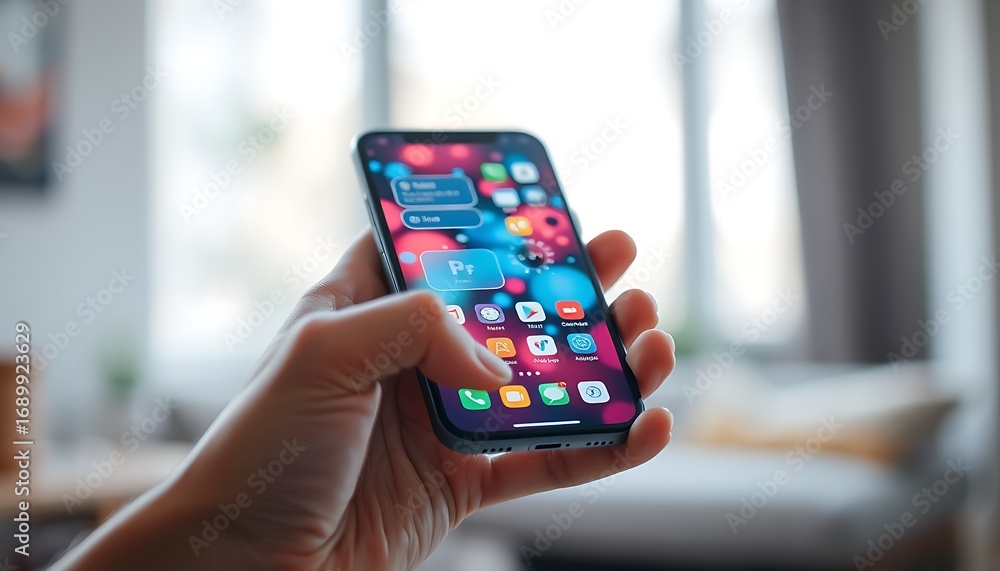 Aufkleber finger touching a smartphone screen displaying colorful app icons and widgets mobile phone hand