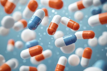 Close-up of multiple colorful medicine capsules floating against a blurred blue background conveying health and medical treatment concept