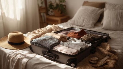 旅行準備中のベッドに広げられたスーツケース