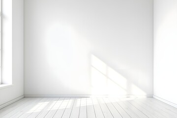 Blank white interior room background, empty white walls corner and white wood floor contemporary, 3D rendering