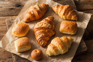 Fototapeta premium Assorted Bread and Pastries in Cozy Lighting
