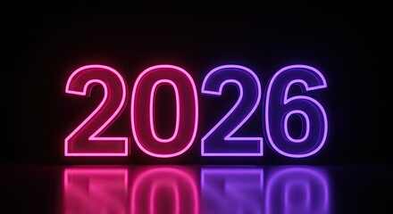 Glowing Neon 2026: Futuristic New Year Celebration with Vibrant Reflections on Black