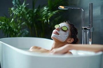 woman relaxing in a bathtub with a facial mask and cucumber slices on eyes surrounded by green plants creating a calm and peaceful atmosphere