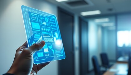 Person holding a glowing blue holographic tablet with global data and financial charts image photo