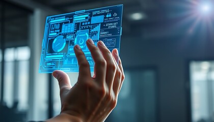 Close up of a hand touching a futuristic holographic display with financial information image photo