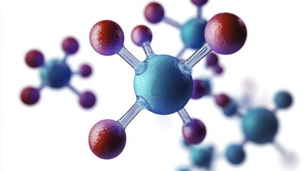 Close-up 3D illustration of molecule structures with central blue atoms connected to smaller red atoms on transparent bonds against a white background