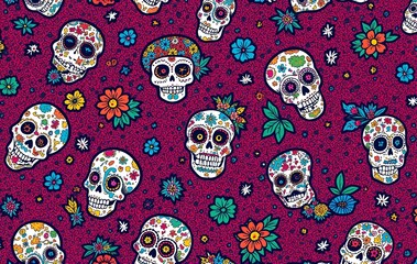 Colorful skulls adorned with flowers on a vibrant red background symbolize the Day of the Dead, celebrating life and remembrance with festive, lively art.