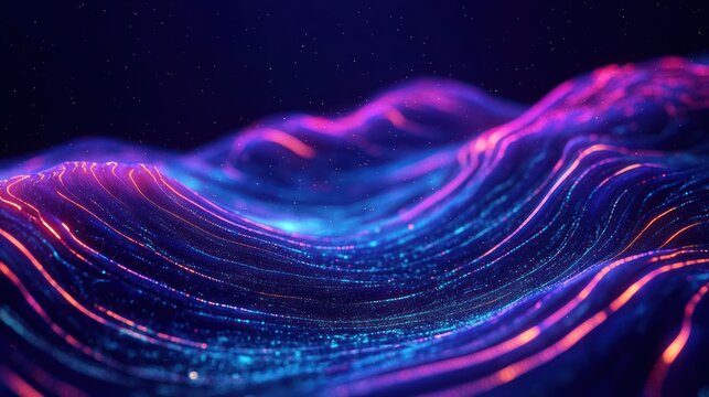 Abstract glowing wave-like digital landscape with vibrant neon purple, pink and blue lines creating a futuristic and dynamic flowing surface in a dark ambient space