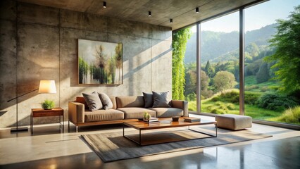Fototapeta premium Serene Living Room with Expansive Nature Views, Modern Furniture, and Warm Natural Light