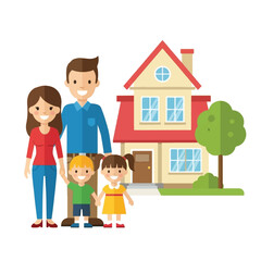 A happy family of four stands in front of their new home, smiling. © Angga JF