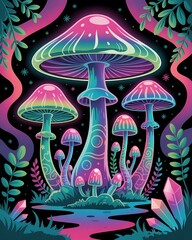 Psychedelic Glowing Mushroom Vector Illustration
