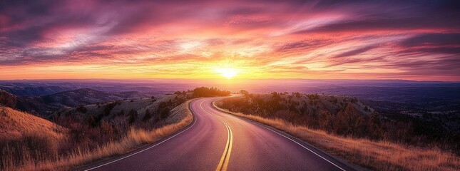 Curved mountain road leading into a vibrant sunset with pink and orange clouds over distant hills and dry grassy slopes