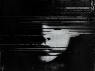 Abstract distorted black and white close-up of a human face with horizontal glitch lines creating a sense of mystery and fragmentation