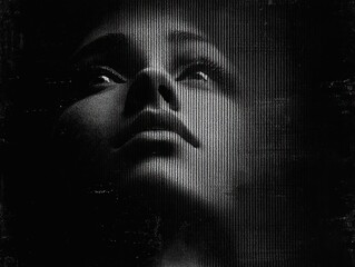 Black and white close-up portrait of a person's face looking upward with dramatic lighting and textured overlay creating a somber and reflective mood