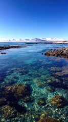Serene coastal view Clear turquoise water reveals rocks, against a backdrop of snowy mountains under a bright blue sky, evoking tranquility and natural beauty