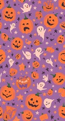 A whimsical Halloween-themed wallpaper featuring playful jack-o'-lanterns, smiling ghosts, and star shapes on a purple background, evoking a festive and cheerful atmosphere.