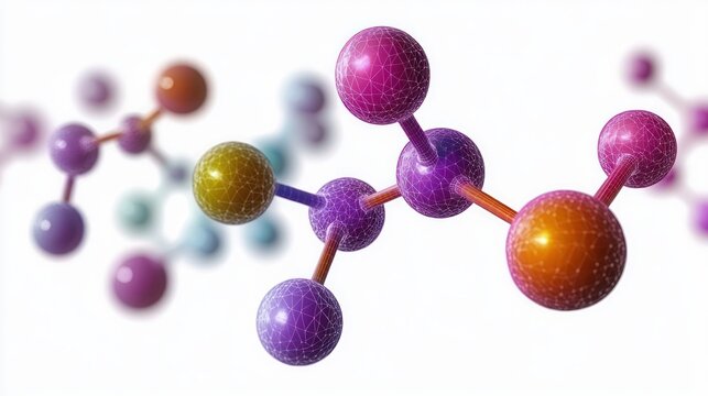 Colorful molecular structure with interconnected spheres representing atoms and bonds on a white background, displaying scientific and technological complexity