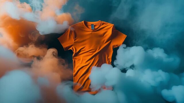 A vibrant orange t-shirt floats gracefully amidst a swirling cloud of colorful abstract smoke. Perfect for branding and marketing visuals, this dynamic video captures attention and creativity.