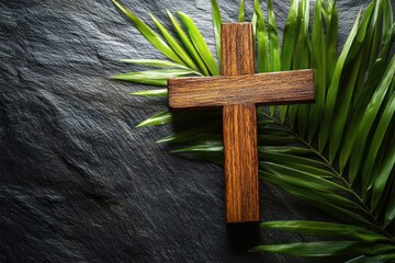 wooden cross laying on green palm leaves against a black textured stone background symbolizing faith and spirituality