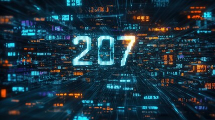 Digital futuristic display of the number 207 surrounded by glowing blue, orange, and purple numerical data on a dark background, creating a sense of high-tech speed and data flow