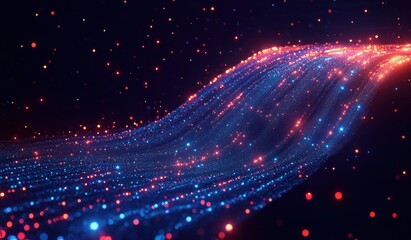 Wavy stream of glowing blue and red particles flowing dynamically against a dark background creating a futuristic and vibrant light effect