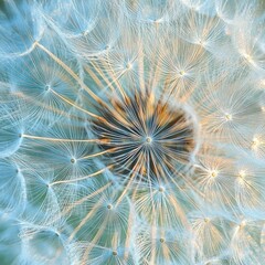 Close-up of a delicate dandelion seed head with intricate white filaments radiating around the central core, glowing softly in natural light