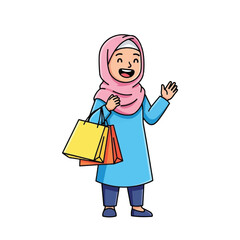 A cheerful woman in a hijab waves while holding shopping bags, smiling happily.