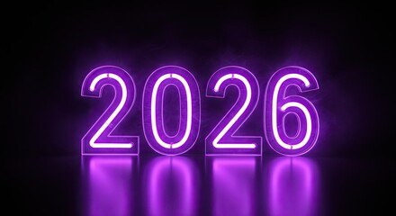 Glowing Neon 2026: Futuristic Purple Light Display on Reflective Surface
