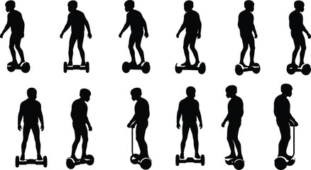 Silhouette of man riding hoverboard, electric scooter, personal transporter, modern urban mobility, futuristic transportation, balance, technology, outdoor activity, lifestyle concept