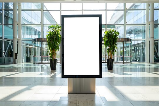 Vertical billboard mockup in modern building interior with minimalist design and natural light. Perfect for advertising, promotions, digital screens, signage, and commercial branding presentations.