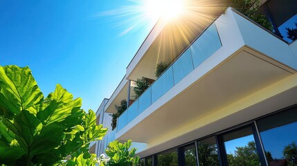 Modern white building with glass balconies and green plants under bright sunlight and clear blue sky
