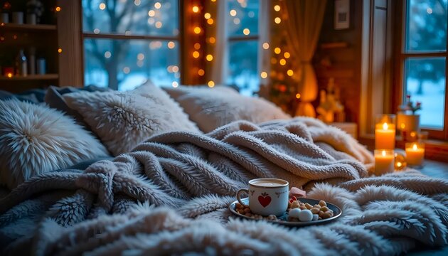 Cozy winter escape with warm drink and soft blanket