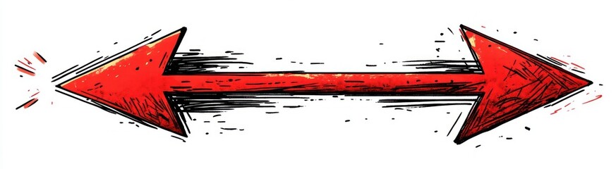 Red grungy double-headed arrow pointing left and right with sketchy black shading on white background