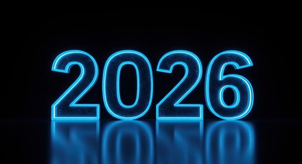 Glowing Neon 2026: Futuristic Year Display with Reflective Surface on Black