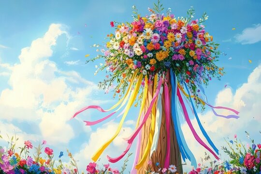 Brightly colorful maypole adorned with a large bouquet of daisies, sunflowers, and wildflowers, fluttering multicolored ribbons against a sunny blue sky with scattered clouds