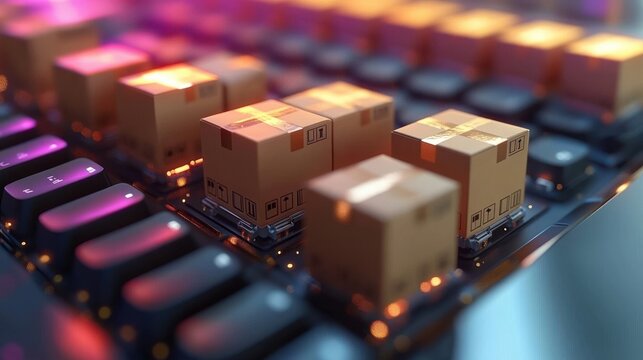 Small cardboard packages placed on black computer keyboard keys under colorful lighting creating a futuristic and miniature delivery concept