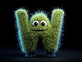 ultra-cute fluffy w monster: a vibrant neon green 3d render perfect for eye-catching sports interior posters and fun decor!