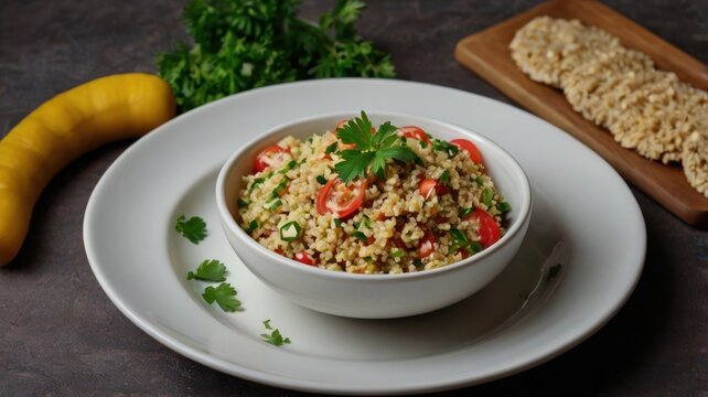 Bowl of bulgur salad with tomatoes and parsley with a yellow pepper and crackers