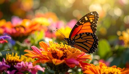 Obraz premium Closeup Butterfly on Flower Blossom in Nature Showing Wildlife Diversity, Colorful Environment, and the Importance of Biodiversity for Conservation